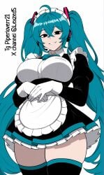 ai_generated big_breasts black_eyes cyan_hair hatsune_miku looking_at_viewer maid_uniform no_pupils piperloverr21 smiling white_background
