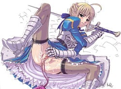 ahoge anal_insertion anus armor armored_dress artoria_pendragon bihhi blonde_hair blush dress egg_vibrator fate/stay_night fate_(series) garter_straps gauntlets hair_ribbon insertion lowres lying masturbation no_panties pussy pussy_juice ribbon saber solo spread_legs sword thighhighs trembling uncensored vibrator weapon