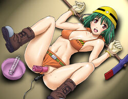 anal blush bondage boots bound_wrists censored clothing dildo enema female gegera green_hair hard_hat hat insertion looking_at_viewer lying macross macross_frontier midriff navel on_back open_mouth pussy pussy_juice ranka_lee red_eyes shorts solo spread_legs sweat swimsuit vaginal_penetration vibrator