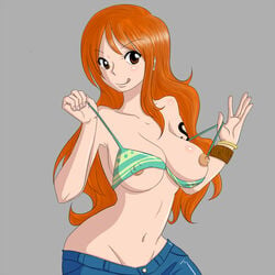 :p bikini bikini_top blush bracelet breasts clothes color female female_only hair human jeans jewelry large_breasts long_hair nami nami_(one_piece) navo nipples one_piece orange_hair post-timeskip solo straight_hair striped_bikini tattoo tongue