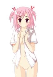 al_azif_(artist) blush bottomless breasts clothing high_resolution mahou_sensei_negima mahou_sensei_negima! no_panties open_clothes open_shirt pink_hair pussy sasaki_makie shirt short_twintails small_breasts uncensored vector_trace