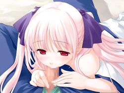 amanatsu blush censored fellatio game_cg ginta hair long_hair misonogi_sakurako oral pink_hair red_eyes