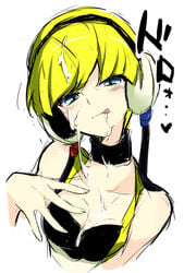 1girls :q blonde_hair blue_eyes breasts clothes cum cum_on_body cum_on_breasts cum_on_face cum_on_hair cum_on_upper_body elesa_(pokemon) elesa_(pokemon_bw) facial female female_only gym_leader headphones human human_only japanese_text looking_at_viewer nakamura_sandayo nintendo pokemon pokemon_bw short_hair simple_background solo solo_female text tongue tongue_out white_background