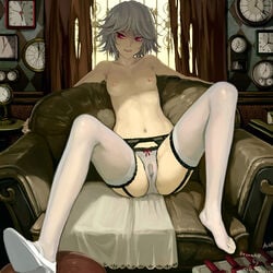 1girls as109 breasts female garter_belt highres horny_female licking long_legs nipple nipples nude panties photoshop sakuya_izayoi small_breasts thighhighs thin_female tongue topless touhou underwear wet_panties wet_pussy white_legwear white_thighhighs