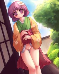 artist_request bare_legs blush censored dress dress_lift dutch_angle female flower gz hair_flower hair_ornament hakama hieda_no_akyuu japanese_clothes legs no_panties purple_eyes purple_hair pussy short_hair solo touhou