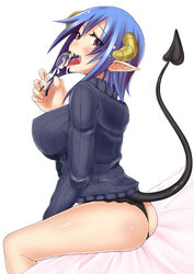 blue_hair breasts cum cum_on_glasses demon_girl demon_tail glasses horns huge_breasts licking no_pants original panties pointy_ears purple_eyes red_eyes solo sweater tail tongue underwear zanku