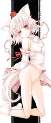 1girls animal_ear bottomless cute_fang detached_sleeves fur furry_ears furry_tail hat hoozuki_shia kneeling momiji_inubashiri navel no_panties pussy red_eyes short_hair silver_hair solo tail tokin_hat touhou uncensored wolf_ear wolf_tail