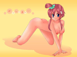 all_fours ass blush breasts cherry_peachcat female female_only game_freak human human_only large_breasts nintendo nipples pokemon pokemon_bw skyla_(pokemon) smile solo translation_request