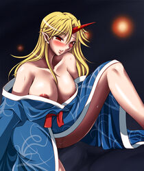 1girls bare_shoulders blonde_hair blush breasts demon female horn hoshiguma_yuugi hoshiguma_yuugi_(promo) japanese_clothes kimono large_breasts legs nipples off_shoulder pointy_ears pussy_juice red_eyes solo suzuki_sakura touhou