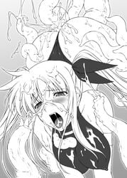 all_fours anal armband ass between_breasts blush bow breasts bukkake cum cum_everywhere cum_explosion doggy_style ejaculation erect_nipples fate_testarossa female from_behind highres large_breasts leotard lyrical_nanoha mahou_shoujo_lyrical_nanoha monochrome monster open_mouth paizuri penis rape rindou_(radical_dream) rindou_aya tear tentacle tentacle_between_breasts tentacle_rape tentacle_sex thong_leotard tied_hair twintails