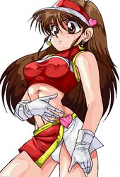 90s breasts covered_erect_nipples crop_top exposed_belly eyeball_(artist) future_gpx_cyber_formula large_breasts nipples panchira panties panty_slip race_queen sugou_asuka sun_hat underwear