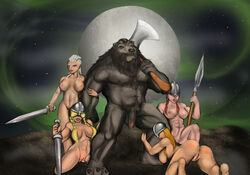 1boy 2014 4girls anthro axe bear biceps big_muscles blonde_hair female flaccid fur furry hair harem human male mammal moon muscle_worship muscles nude painis18 pecs penis polearm pose pussy red_hair spear steel straight sword viking weapon werebear