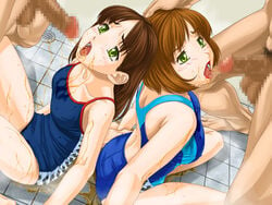 2girls apple_pie_(artist) brown_hair censored drinking_pee from_above golden_shower green_eyes group_sex lipstick long_hair multiple_girls open_mouth peeing penis short_hair shower sitting swimsuit