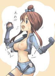 areolae bad_id blue_eyes bow breasts clenched_hand elbow_gloves female female_only fist game_freak gloves gym_leader hairbow holding holding_poke_ball human human_only large_breasts long_hair motofumi navel nintendo nipples open_clothes open_mouth poke_ball pokemon pokemon_bw red_hair short_shorts shorts skyla_(pokemon) solo sweatdrop thigh_strap wardrobe_malfunction