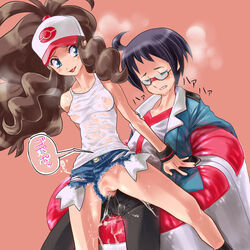 black_hair blush breasts brown_hair censored cheren_(pokemon) cum denim denim_shorts female game_freak glasses hilda_(pokemon) human long_hair male nintendo nipples no_panties otsukare penetration pokemon pokemon_bw ponytail pussy reverse_cowgirl_position see-through sex shaved_pussy shorts smile straight tied_hair vaginal_penetration