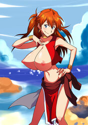 1girls asuka_langley_sohryu bare_shoulders blush bracelet breasts bursting_breasts cleavage clothing company_connection cosplay creator_connection earrings erect_nipples female female_only fushigi_no_umi_no_nadia gigantic_breasts hand_on_hip huge_breasts human jewelry large_breasts loincloth long_hair lots_of_jewelry midriff nadia_(cosplay) nadia_la_arwall_(cosplay) neck_ring neon_genesis_evangelion nipples smile solo sunahara_wataru two_side_up