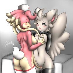 2010 2girls anthro artist_signature ass audino blush breasts choker furry hair_tentacles minccino mn_xenx nipples nurse pokemon pokemon_(species) pussy pussy_juice tentacle yuri