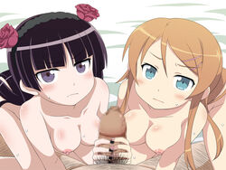 1boy 2girls age_difference akogare_no_ano_ko_wa_boku_no_chinkasu_soujiki black_hair black_nails blue_eyes blush breasts censored female ffm_threesome flower foreskin gokou_ruri hair_ornament hairclip hairy hairy_legs hairy_stomach handjob human kirino_kosaka long_hair looking_at_viewer male male_pov miyamaya mosaic_censoring multiple_females my_little_sister_can't_be_this_cute nail_polish nipples nude older_male older_man_and_teenage_girl orange_hair ore_no_imouto_ga_konna_ni_kawaii_wake_ga_nai penis pink_nails pov pubic_hair purple_eyes red_rose rose straight sweat teamwork teenage_girl teenager threesome twin_handjob younger_female