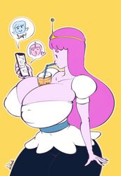 adventure_time big_breasts breasts cleavage huge_breasts large_breasts phone pink_hair pink_skin princess_bubblegum texting thick_thighs tiara wide_hips xanafar