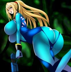 ass_focus big_ass big_breasts blonde_hair bodysuit breasts_bigger_than_head clothed_female hihumi123 long_hair metroid nintendo ponytail ray_gun samus_aran solo solo_female solo_focus thick_thighs zero_suit zero_suit_samus