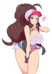 1girls ? absurdres bare_midriff baseball_cap bending_forward bending_over blue_eyes breasts brown_hair female female_only hand_between_legs hand_on_thigh hat highres hilda_(pokemon) hotpants human large_breasts looking_at_viewer midriff nac000 nintendo pokemon pokemon_bw ponytail short_shorts shorts solo sweat thick_thighs thighs