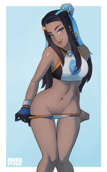 1girls abs artist_name belly black_hair blue_background blue_eyes curvy dark-skinned_female dark_skin earrings eye_contact eyeshadow female female_only fit gloves hair hair_ornament half-closed_eyes hidrapink hoop_earrings hourglass_figure human looking_at_viewer makeup midriff navel nessa_(pokemon) nintendo pokemon pokemon_ss shorts solo tank_top text thick_thighs thigh_gap thighs thin_waist undressing video_games watermark white_border wide_hips