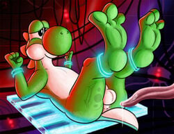 2020 3_toes 4_fingers anthro anus ass balls barefoot black_eyes bondage bound detailed_background dinosaur feet fingers fol foot_focus genitals green_body green_scales green_yoshi hi_res hindpaw imminent_anal imminent_sex laboratory lying machine male male_only mario_(series) nintendo on_back paws penis puffy_anus reptile robot scales scalie science soles solo solo_focus tattoo tentacle toes video_games worried yoshi