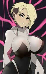 asymmetrical_hair big_breasts blonde_hair blue_eyes costume female female_only gwen_stacy gwen_stacy_(spider-verse) huge_breasts looking_at_viewer marvel nipple_bulge nipples nipples_visible_through_clothing postblue98 short_hair spider-gwen spider-man:_into_the_spider-verse spider-man_(series) superheroine