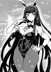 1girls black_hair bowtie bracelets bunnysuit cleopatra_(fate) earrings fate/grand_order fate_(series) female fishnets gggg monochrome necklace no_bra