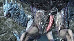 3d_(artwork) barlu bodily_fluids capcom cum digital_media_(artwork) dragon elder_dragon genital_fluids genitals hi_res looking_at_viewer male male_only monster_hunter penis solo source_filmmaker teeth velkhana video_games