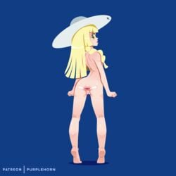 1girls anus ass back blonde_hair blue_background blush cap gaping gaping_anus green_eyes human lillie_(pokemon) patreon patreon_reward pokemon pokemon_sm purplehorn_(artist) pussy skinny spread_anus standing taken_from_behind tape text watermark white_skin