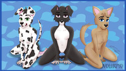 3girls anthro bird_dog border_collie canid canine canis collie dalmatian domestic_dog dorothy_dog fan_character female genitals group herding_dog hunting_dog labrador mammal molly_dog multiple_girls nipples original_characters pastoral_dog pussy retriever roxy_dog sheepdog voluxpto