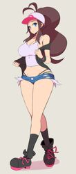 1girls absurdres bare_midriff blue_eyes boots breasts brown_hair cleavage female fully_clothed hat highres hilda_(pokemon) human laced_boots large_breasts looking_at_viewer nac000 navel nintendo panties_visible pokemon pokemon_bw ponytail short_shorts shorts solo tank_top thick_thighs thighs