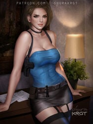 belt big_breasts brown_eyes brown_hair capcom female firearm garter_belt_leggings garter_straps gun handgun human jill_valentine jill_valentine_(sasha_zotova) nipples pale_skin resident_evil resident_evil_3 short_hair shurakrgt skirt smile topwear tubetop weapon