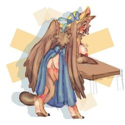 anthro avian bent_over big_breasts bird blush breasts digital_media_(artwork) digital_painting_(artwork) feathered_wings feathers female fluffy genitals gryphon hi_res looking_back mythological_avian mythology nipples owl pussy ribbons sarong side_boob sketch solo sona_(noxiis) sunhat togo-mimori wings