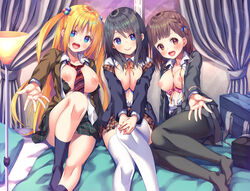 3girls :d asa_no_ha bangs bed bed_sheet bedroom black_bra black_hair black_jacket black_legwear blonde_hair blue_bra blue_eyes blunt_bangs blush bra breast_suppress breasts breasts_out brown_eyes brown_hair brown_jacket buttons closed_mouth collarbone collared_shirt curtains dress_shirt eyebrows_visible_through_hair fingernails foreshortening girl_sandwich hair_between_eyes hair_bobbles hair_ornament head_tilt highres indoors jacket knee_up kneehighs large_breasts long_fingernails long_hair long_sleeves looking_at_viewer miniskirt multiple_girls nail_polish nipples non-web_source on_bed open_clothes open_jacket open_mouth open_shirt orange_neckwear original outstretched_arm outstretched_hand pantyhose pillow pink_bra pink_nails plaid plaid_skirt pleated_skirt reaching reaching_out red_neckwear sandwiched shirt sidelocks sitting sitting_on_bed skirt smile striped striped_neckwear take_your_pick thighhighs twintails underwear untied untied_bra upper_teeth very_long_hair white_legwear white_shirt window wing_collar