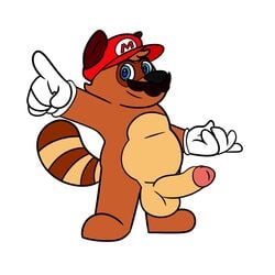 2020 anthro balls belly blue_eyes brown_body brown_fur bunnybara canid canine clothing erection facial_hair fur genitals gloves handwear hat headgear headwear hi_res humanoid_genitalia humanoid_hands humanoid_penis male male_only mammal mario mario_(series) moustache nintendo penis raccoon_dog simple_background slightly_chubby solo super_mario_3d_land tanooki_mario tanuki traced video_games white_background