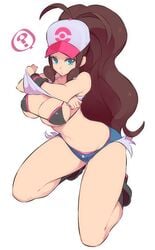 1girls absurdres bare_midriff bikini_top bikini_under_clothes blue_eyes breasts brown_hair cleavage female female_only hat highres hilda_(pokemon) human large_breasts looking_at_viewer midriff nac000 nintendo on_knees pokemon pokemon_bw ponytail shoes short_shorts shorts solo stripping tank_top thick_thighs thighs