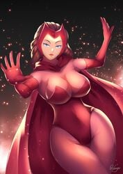 avengers big_breasts blue_eyes brown_hair cape cleavage costume female haryu_(artist) haryudanto latex_gloves long_hair marvel nipples_visible_through_clothing scarlet_witch solo solo_female solo_focus superheroine thick_thighs wanda_maximoff