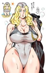 1girls alternate_costume alternate_hairstyle blonde_hair blue_eyes breasts cleavage doboshiru hat huge_breasts japanese_text kolin_(street_fighter) lips navel solo street_fighter street_fighter_v sweat swimsuit thick_thighs thighs translation_request wide_hips