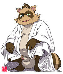 1boy 2020 anthro balls belly big_balls brown_body brown_fur canid canine clothing fur genitals gontadanuki green_eyes hi_res humanoid_hands kemono male male_only mammal navel overweight overweight_male penis raccoon_dog robe sengoku_puzzle simple_background solo solo_male tanuki tokugawa_ieyasu video_games white_background