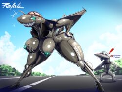 2020 aircraft airplane anthro ass big_breasts bpflyingcircus breasts digital_media_(artwork) duo female furry hi_res jet living_aircraft living_machine living_vehicle machine muscular nipples nude outside presenting public public_nudity seductive smile standing vehicle wings