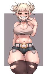 1girls abs alternate_breast_size alternate_outfit boku_no_hero_academia booty_shorts breasts choker female female_only himiko_toga huge_breasts huge_thighs kelvin_hiu light-skinned_female light_skin looking_at_viewer my_hero_academia navel sharp_teeth smile solo source_request tank_top teeth thick_thighs thigh_gap thighhighs