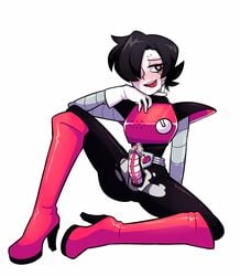 1boy android black_hair blush boots cute femboy gay gloves hair hair_over_one_eye heart-shaped_pupils heart_eyes high_heel_boots humanoid humanoid_robot legs_apart legs_spread long_boots long_hair long_hair_male male male_only mettaton mettaton_ex penis penis_out precum precum_leaking ripped_clothing robot robot_humanoid robotic_penis sitting solo solo_focus solo_male spread_legs tongue_out undertale unknown_artist white_background