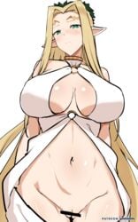 1girls big_breasts blonde_hair celestine_lucross elf female female_only green_eyes kuroinu_~kedakaki_seijo_wa_hakudaku_ni_somaru~ long_ears mature_female nebaneba nipples nipples_visible_through_clothing solo solo_female solo_focus