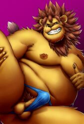 1boy 2020 anthro armpit_hair balls belly body_hair bulge clothing erection felid genitals hi_res humanoid_genitalia humanoid_hands humanoid_penis kemono lion male male_only mammal moobs navel nipples noko_illust overweight overweight_male pantherine penis simple_background solo solo_male underwear