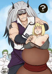 1girls 2020 4boys ? areolae bangs black_sclera blonde_female blonde_hair blunt_bangs blurry_background blush breast_grab breast_slip breasts cleavage clenched_teeth dated favorite female forehead_protector frown ginkaku head_grab highres horns huge_breasts human long_hair male muscles muscular_male naruto naruto_shippuden nipples no_bra one_breast_out saliva samui short_hair signature silver_hair speech_bubble spoken_question_mark stuck sweat text very_long_hair watermark whisker_markings xshuai zetsu