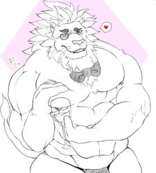 abs anthro anthro_only blush bodily_fluids bow_tie clothed clothing eyewear felid fur heart holding_cup holding_object hukakune hukakune_4471 lactating lion male male_lactation male_only mammal mane monocle muscular muscular_male nipples open_mouth pantherine pecs pictographics snow_(tokyo_afterschool_summoners) solo speech_bubble tail_tuft teeth tokyo_afterschool_summoners topless tuft underwear video_games white_body white_fur