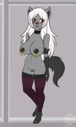 1girls 2019 5_toes abs anthro anthrofied areola big_breasts black_areola black_body black_fur black_nipples blush bodily_fluids breasts claws dated digit_ring eyebrows facial_piercing fangs feet female fur furry genital_fluids grey_body grey_fur hair hi_res jewelry kalyzanna long_hair mightyena mostly_nude nintendo nipple_piercing nipple_ring nipples nose_piercing nose_ring original_character piercing pokémon_(species) pokemon pokemon_rse pussy pussy_juice ring solo standing tanukiarts text toe_ring toes video_games watermark wet white_eyebrows white_hair