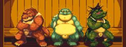 3boys anthro belly big_belly blush bodily_fluids crocodile crocodilian crocodine crocodylid digital_media_(artwork) dragon dragon_quest dragon_quest_dai_no_daibouken group makara male male_only morenatsu muscular muscular_male nanadragon4 nude overweight overweight_male pixel_art reptile sauna scalie slit square_enix sweat tatsuki_(morenatsu) tokyo_afterschool_summoners towel video_games visual_novel